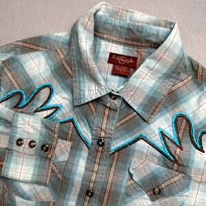 LifeStyle Western Shirt Womens Large Blue Plaid Embroidered Pearl Snap Cotton